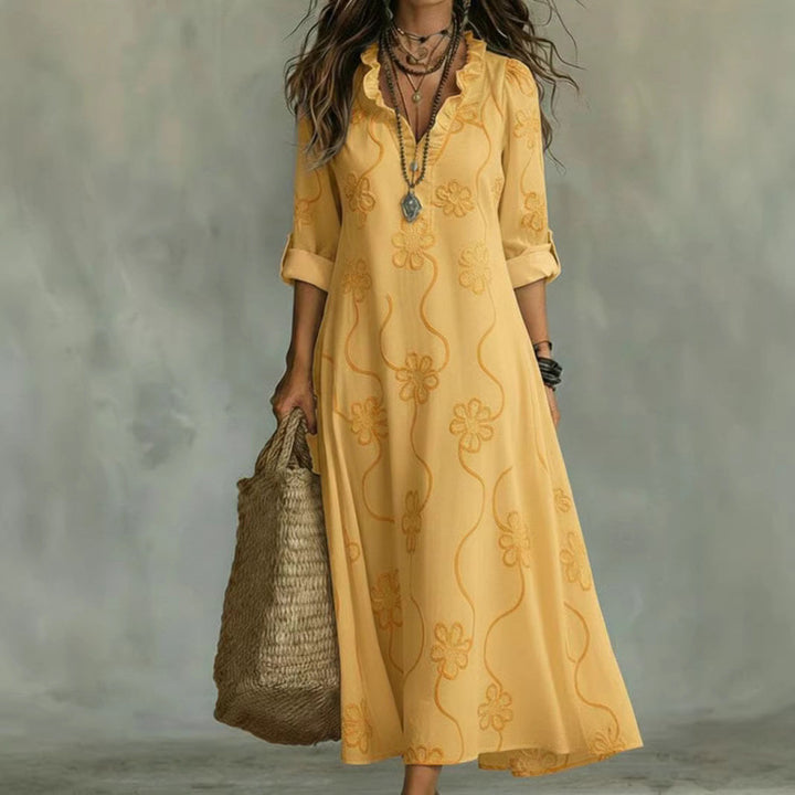 Women Long Boho Maxi Dress with Floral Embroidery and V-Neck Mune Fashion