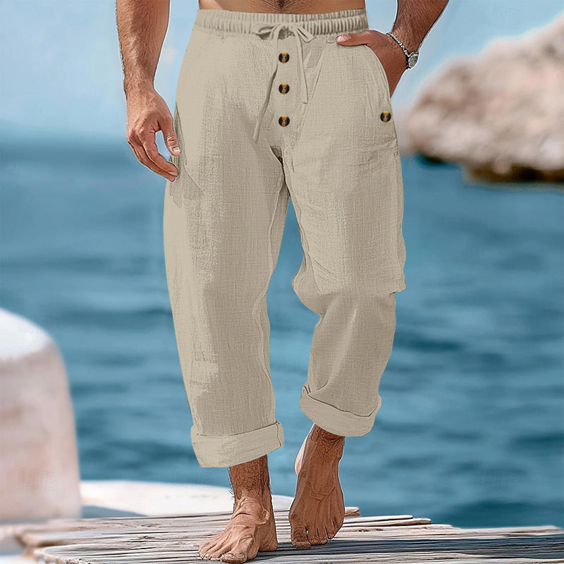 Men's casual breathable linen pants with drawstring button placket and rolled cuffs Mune Fashion