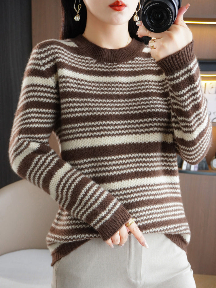 Ladies Cozy Striped Sweater in Mohair Look with Boxy Fit and Round Neckline Mune Fashion