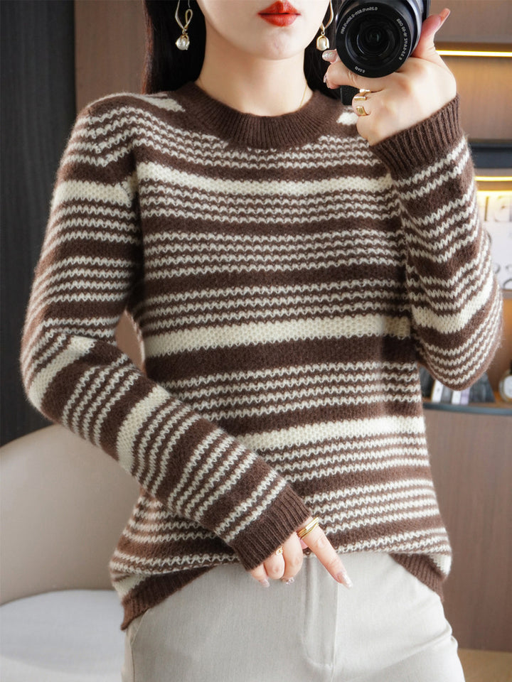 Ladies Cozy Striped Sweater in Mohair Look with Boxy Fit and Round Neckline Mune Fashion