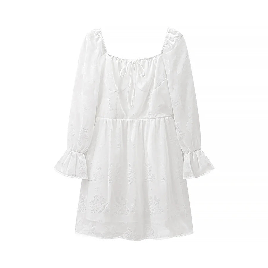 Ladies embroidered Carmen mini dress with square neckline, empire waist and ruched bell sleeves Mune Fashion