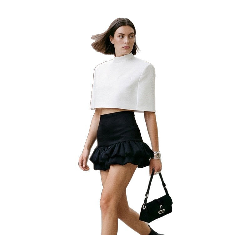 Women Short-Cut Sculptural Cape Top with Stand Collar Mune Fashion