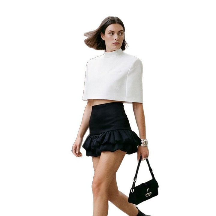 Women Short-Cut Sculptural Cape Top with Stand Collar Mune Fashion