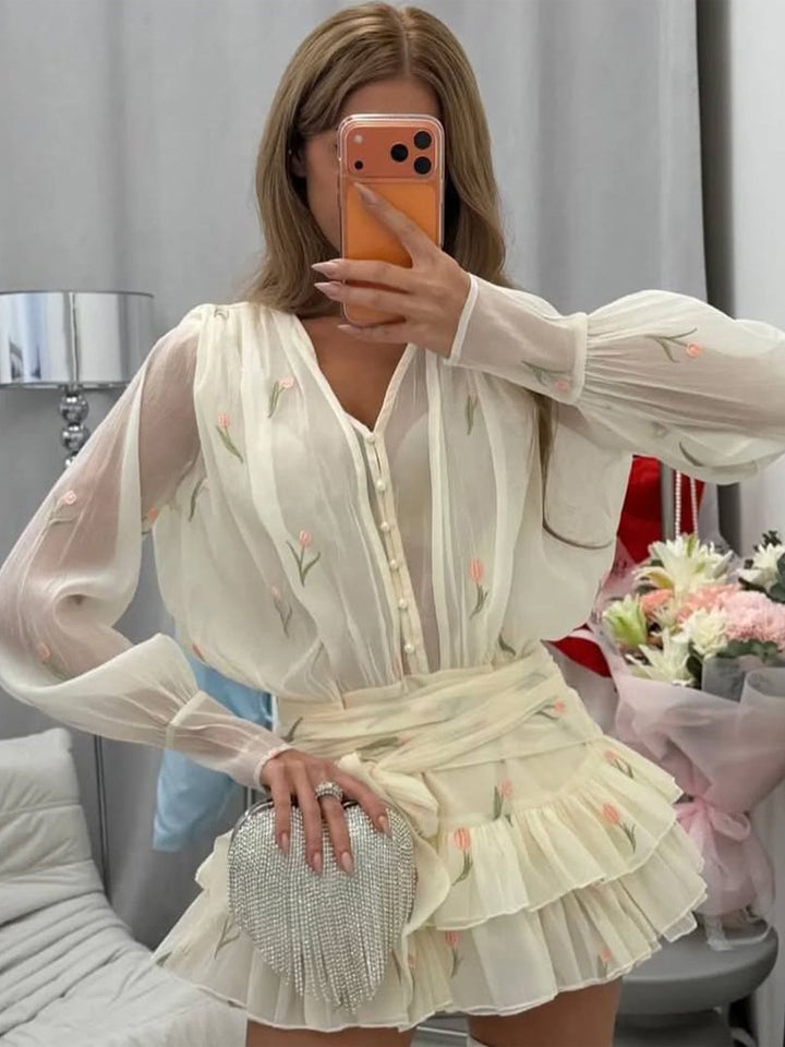 Ladies Two-Piece Chiffon Set with Embroidered Sheer Blouse and Ruffled Mini Skirt Mune Fashion