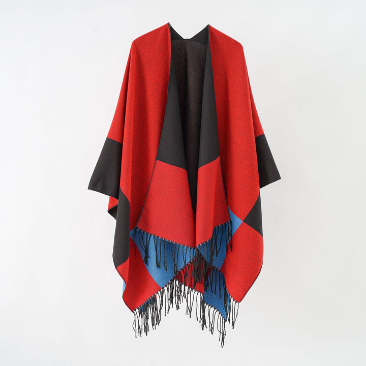 Women's Oversize Ruana made from wool blend with color block design and fringes Mune Fashion