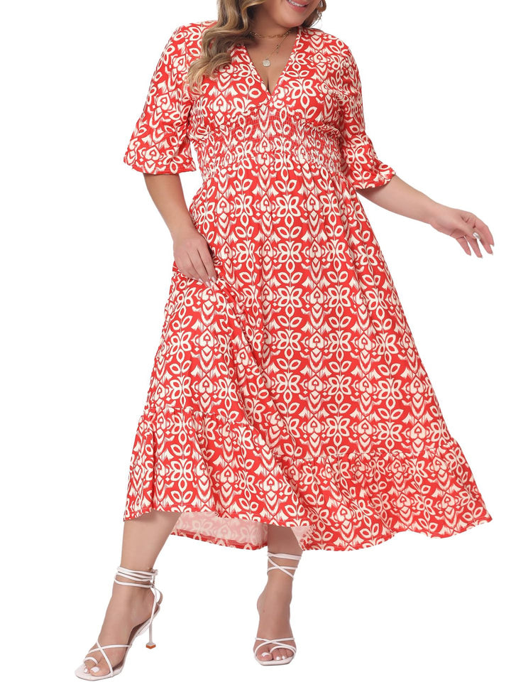 Women's midi dress in A-line with graphic all-over print, gathered waist section, and ruffled tiers Mune Fashion