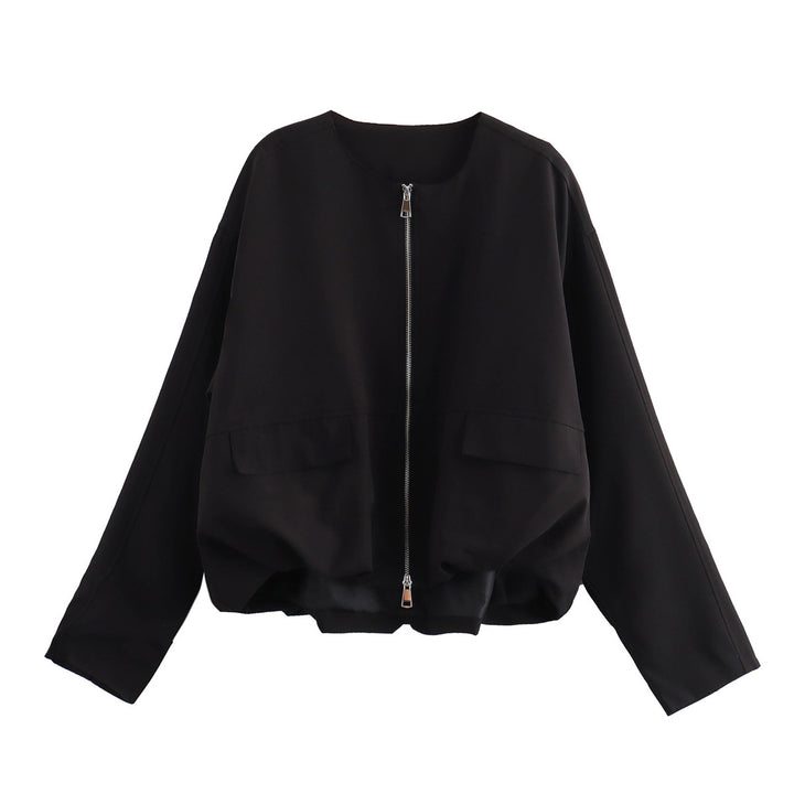 Women Lightweight Cropped Bomber Jacket with Round Neck, Two-Way Zipper and Flap Pockets Mune Fashion