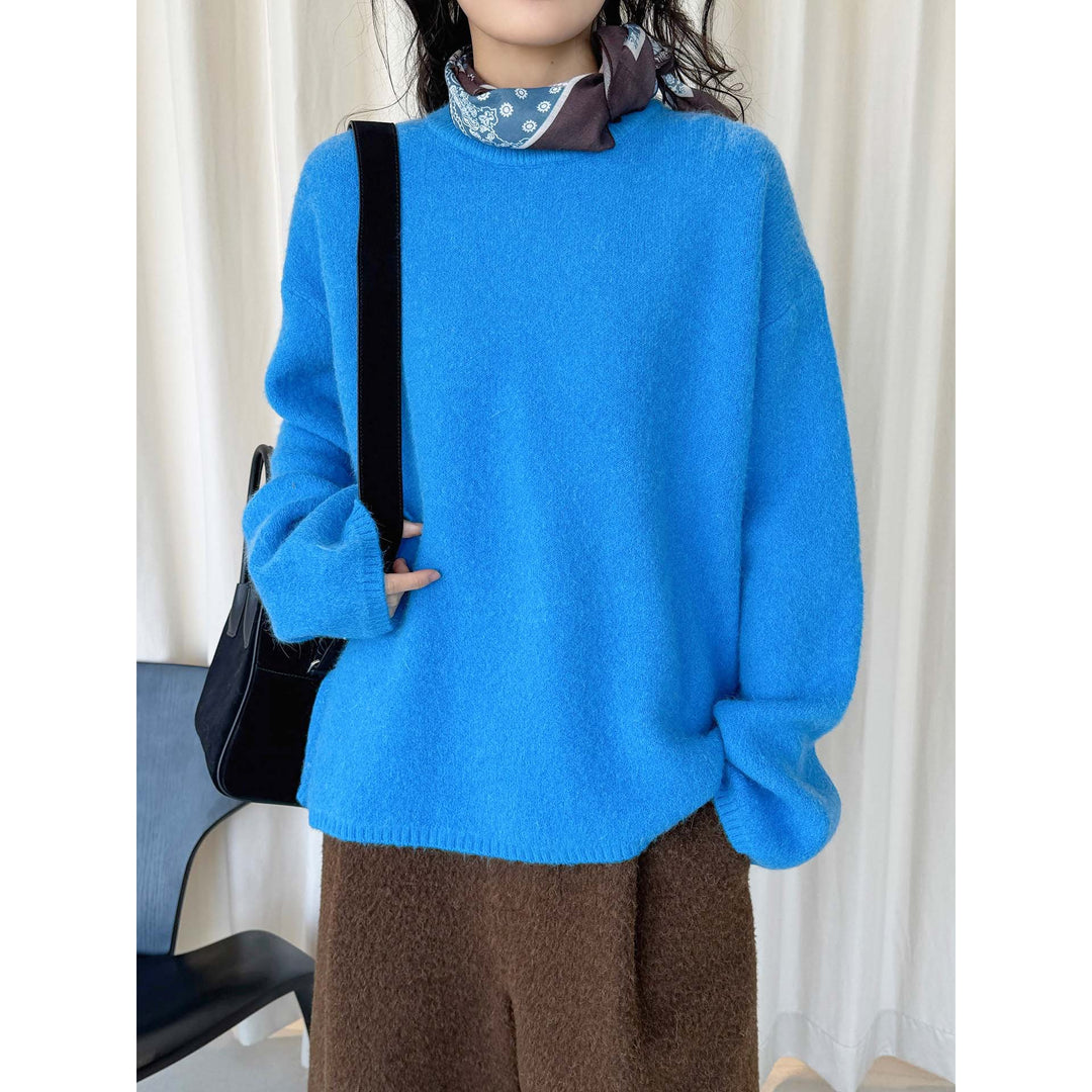 Women Soft Angora-Optic Round Neck Sweater with Loose Oversize Silhouette Mune Fashion