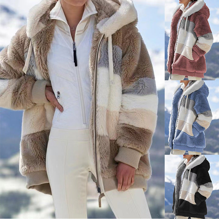 Women's oversized padded faux fur jacket with hood, block stripes and ribbed cuffs Mune Fashion
