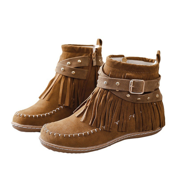 Women's Fransen-Moccasin-Ankle Boot with Decorative Strap, Buckle and Soft Rubber Sole Mune Fashion