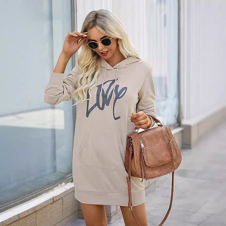 Ladies fleece hooded dress with kangaroo pocket, thumb hole sleeves and oversized sweatshirt cut Mune Fashion
