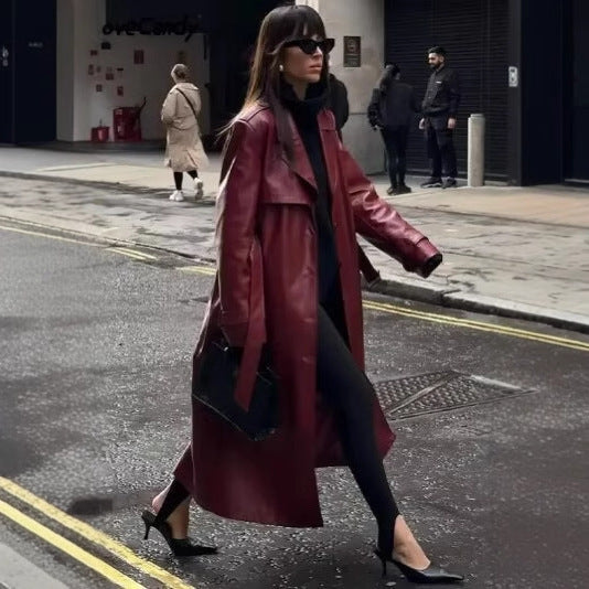 Women's Long Faux Leather Trench Coat with Waist Belt, Wide Lapels and Water-Resistant Surface Mune Fashion