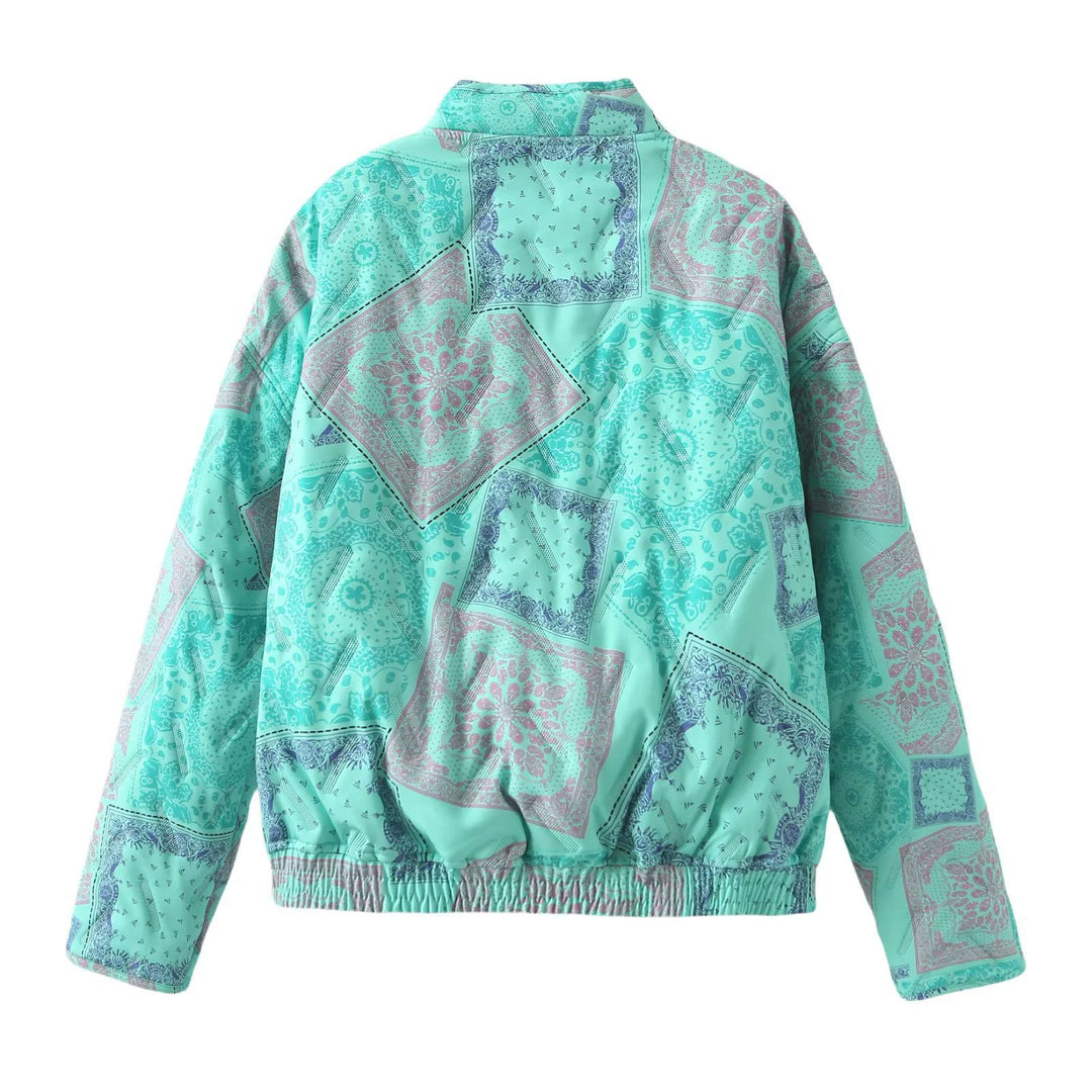 Women's padded bomber jacket with patchwork paisley, stand-up collar and elastic hem Mune Fashion