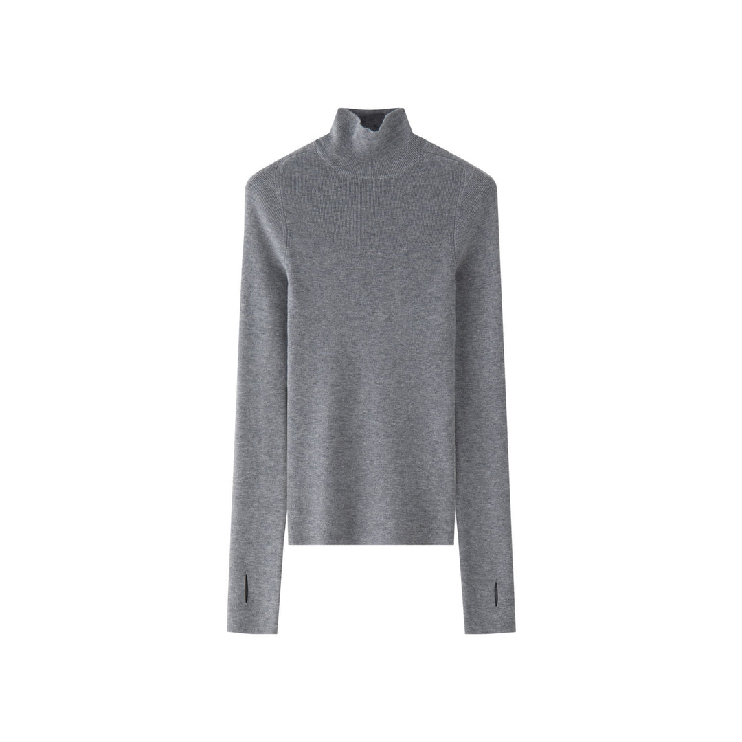 Women's body-hugging fine knit turtleneck sweater with elongated sleeves and thumb hole Mune Fashion