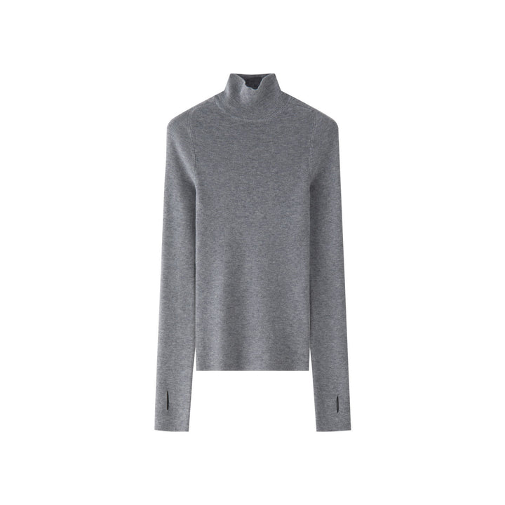 Women's body-hugging fine knit turtleneck sweater with elongated sleeves and thumb hole Mune Fashion