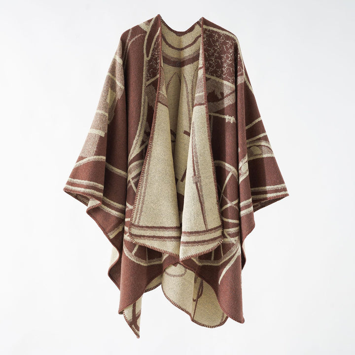 Women Wool Blend Reversible Cape with Graphic Jacquard and Open Kimono Fall Mune Fashion