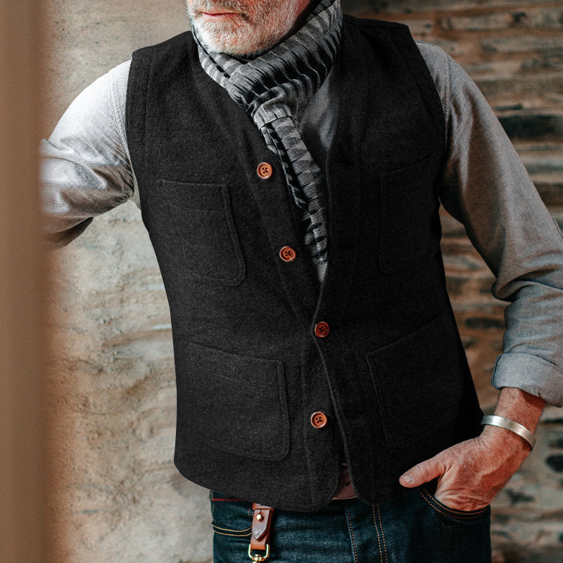 Men's Wool Look Structure Vest with V-Neck, Patch Pockets & Button Placket Mune Fashion