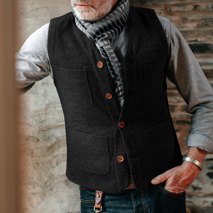 Men's Wool Look Structure Vest with V-Neck, Patch Pockets & Button Placket Mune Fashion