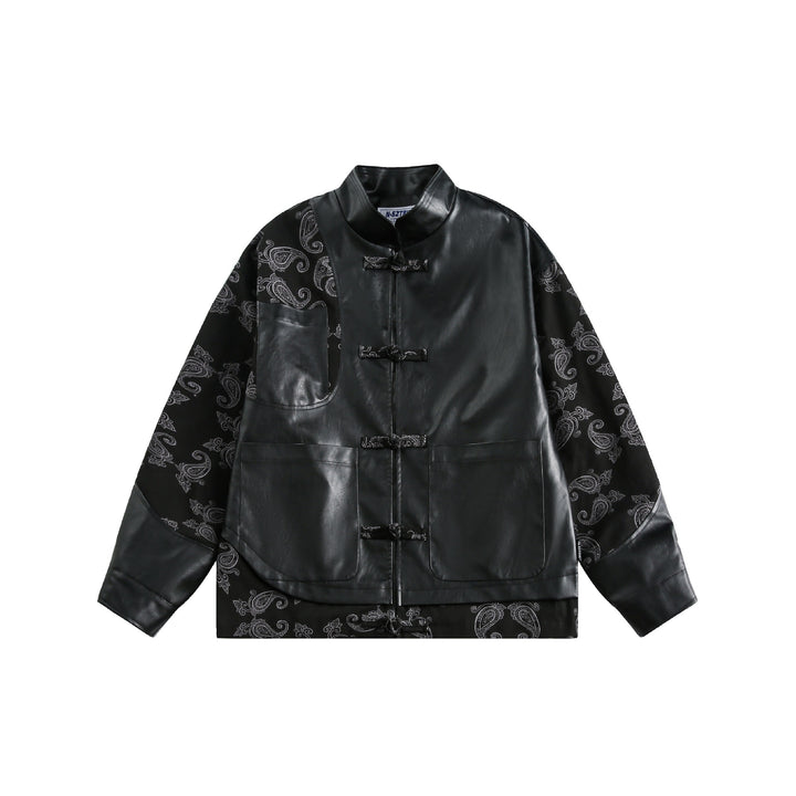 Unisex faux leather bomber jacket with paisley sleeves and toggle closures Mune Fashion