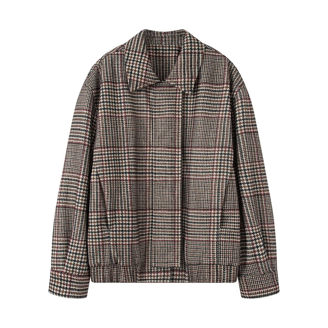 Women's Oversize Short Jacket in Houndstooth Pattern with Stand Collar and Elastic Hem Mune Fashion