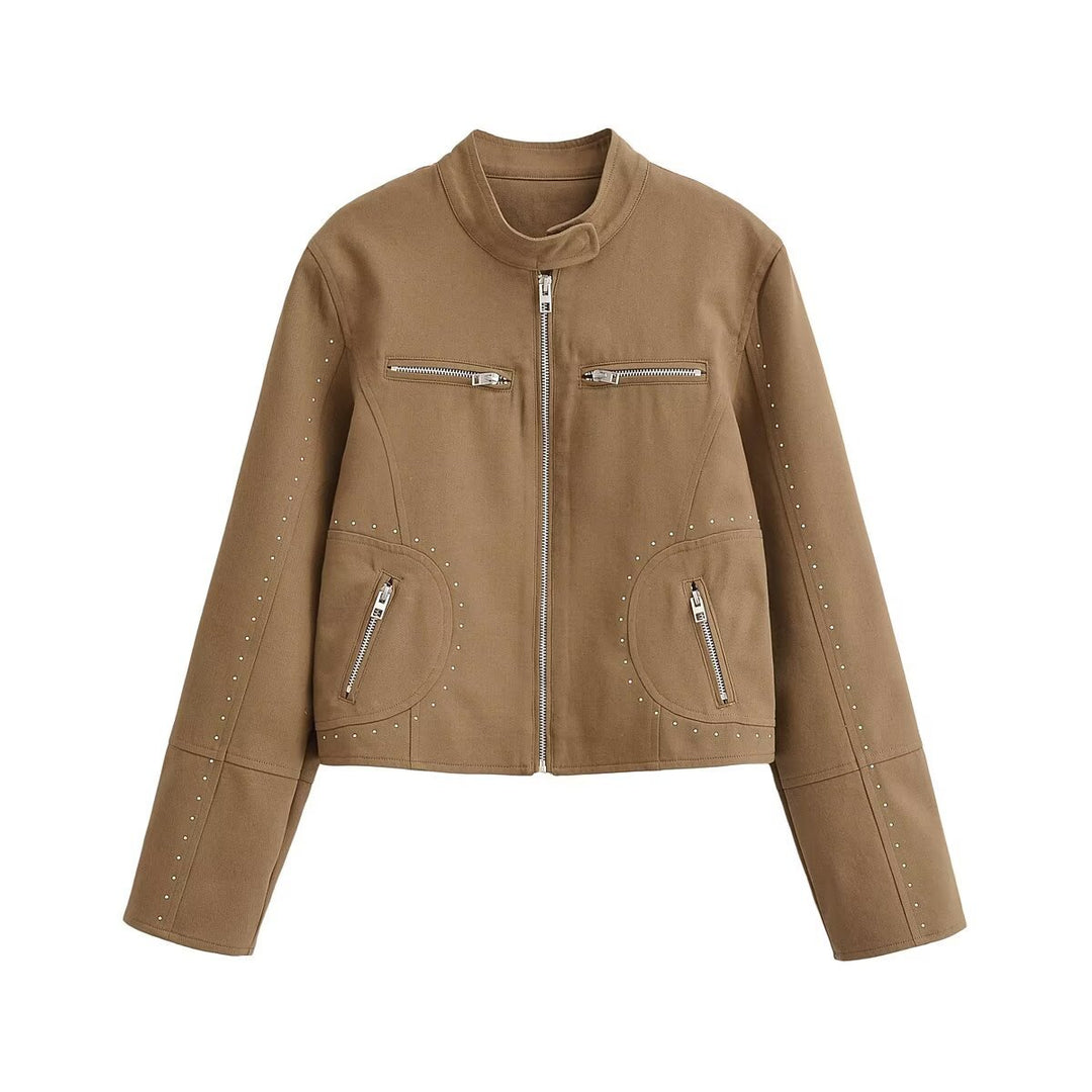 Ladies short blouson in velour look with stand-up collar, zipper and decorative studs Mune Fashion