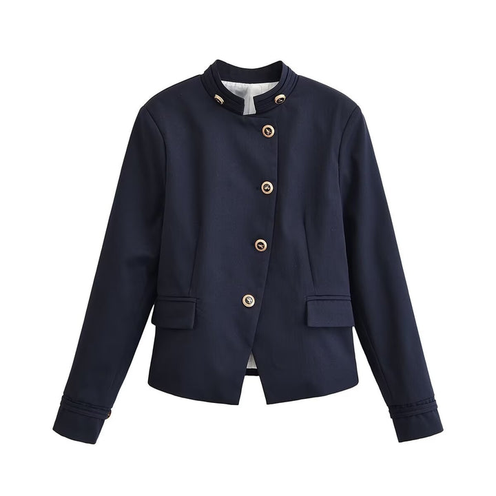 Women's short blazer with stand-up collar, gold-colored decorative buttons, and patch pockets Mune Fashion