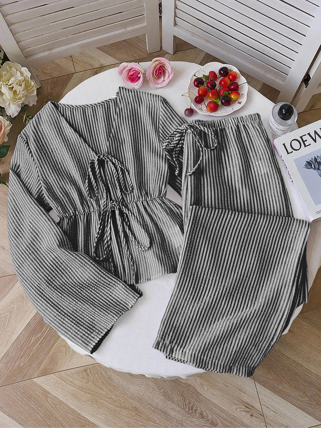 Women's non-striped linen-like homewear set with gathered drawstring top and elastic waistband pants Mune Fashion