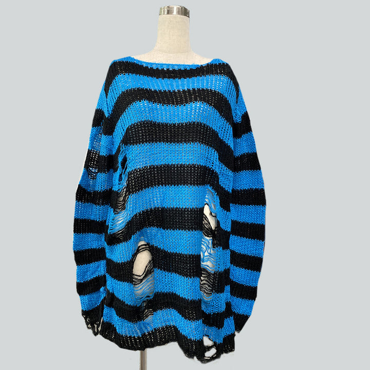 Women's oversized chunky knit sweater with wide block stripes and distressed design Mune Fashion