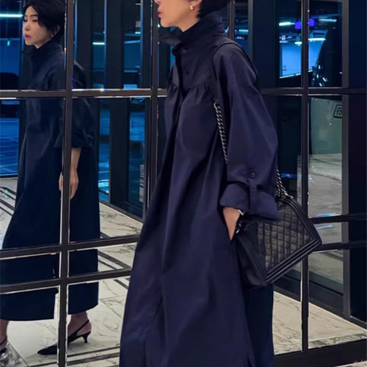 Women's Long Boxy Shirt Dress with High Stand Collar and Concealed Button Placket Mune Fashion