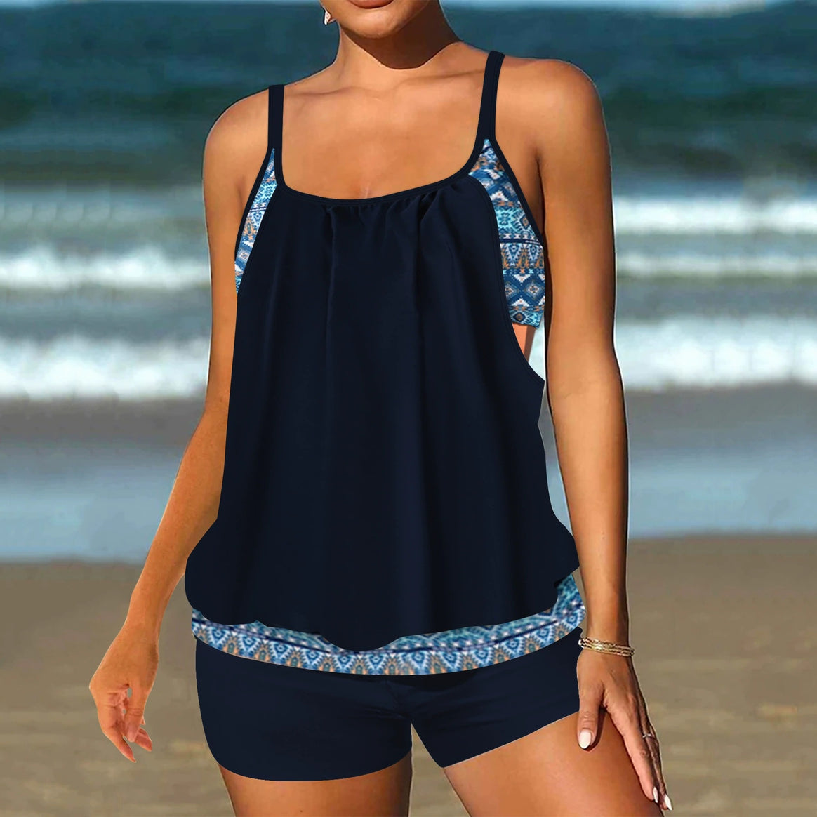 Women two-piece tankini with loose-fitting, gathered top and figure-shaping swim shorts Mune Fashion