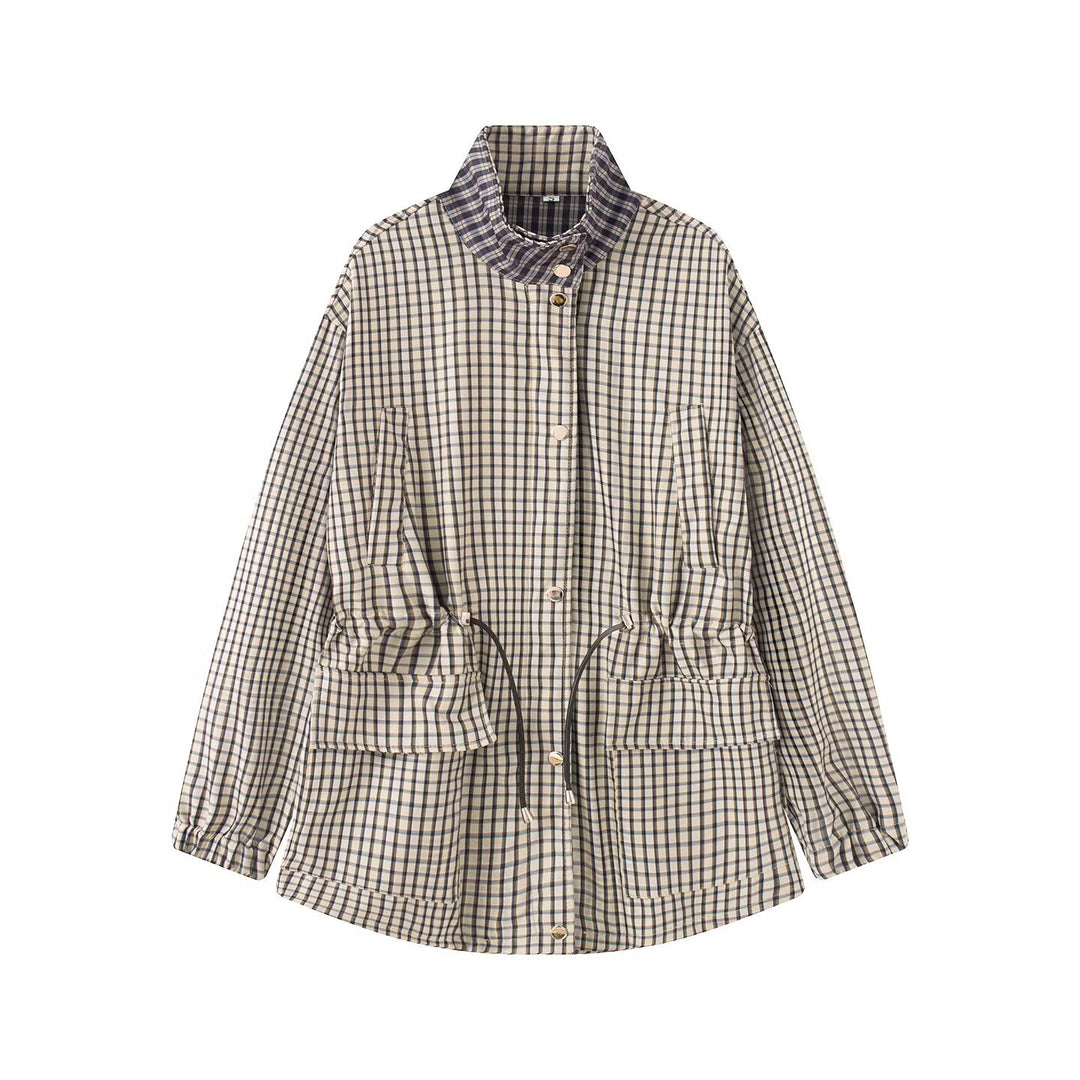 Women Lightweight Checked Parka Jacket with Drawstring Waist and Stand-Up Collar Mune Fashion