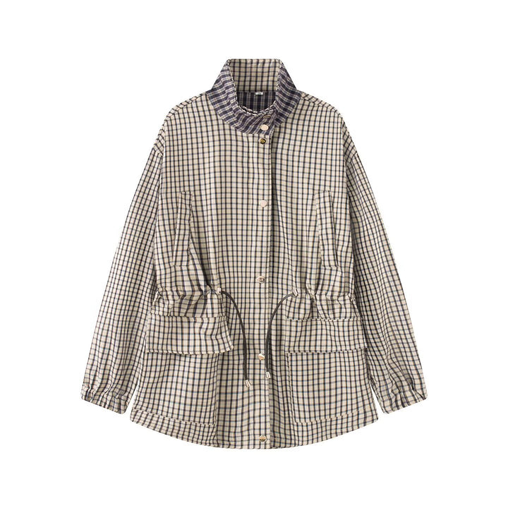 Women Lightweight Checked Parka Jacket with Drawstring Waist and Stand-Up Collar Mune Fashion