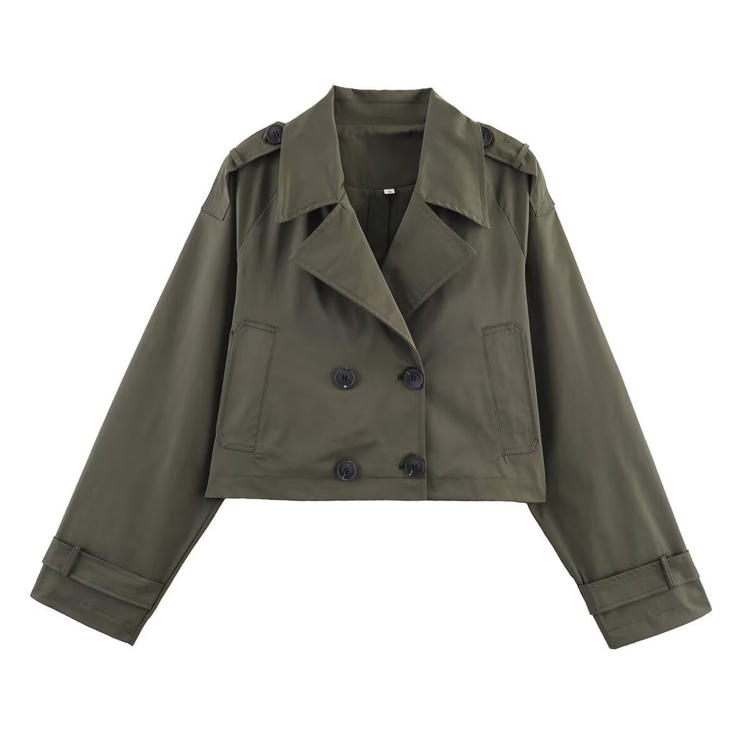 Women's Cropped Double-Breasted Trench Coat with Epaulettes, Wide Lapels and Adjustable Sleeve Straps Mune Fashion