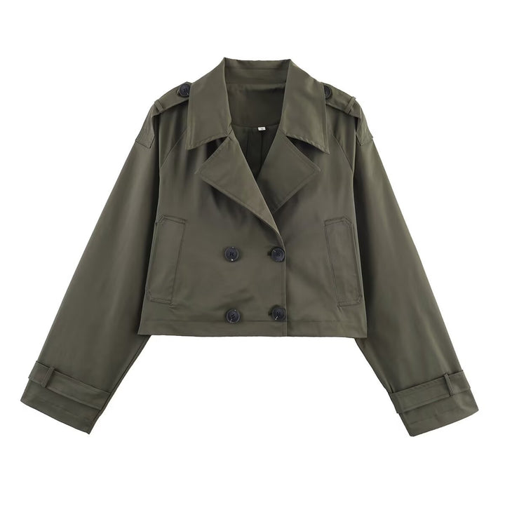 Women's Cropped Double-Breasted Trench Coat with Epaulettes, Wide Lapels and Adjustable Sleeve Straps Mune Fashion