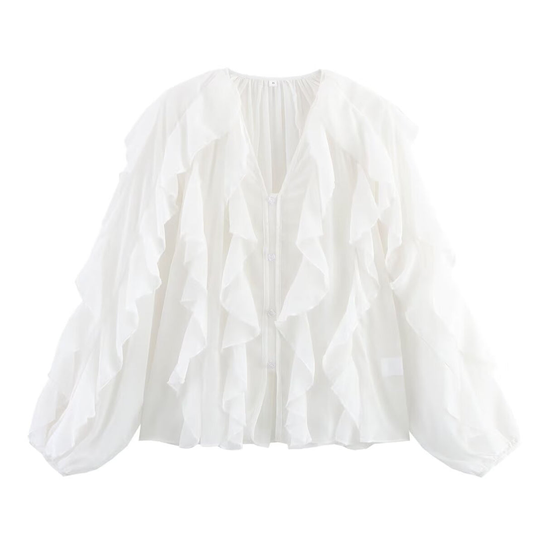 Women's Ruffle Chiffon Blouse with Layered Ruffles and Wide Balloon Sleeves Mune Fashion
