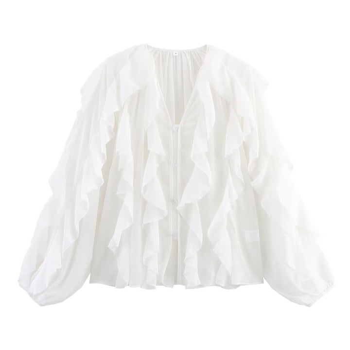 Women's Ruffle Chiffon Blouse with Layered Ruffles and Wide Balloon Sleeves Mune Fashion
