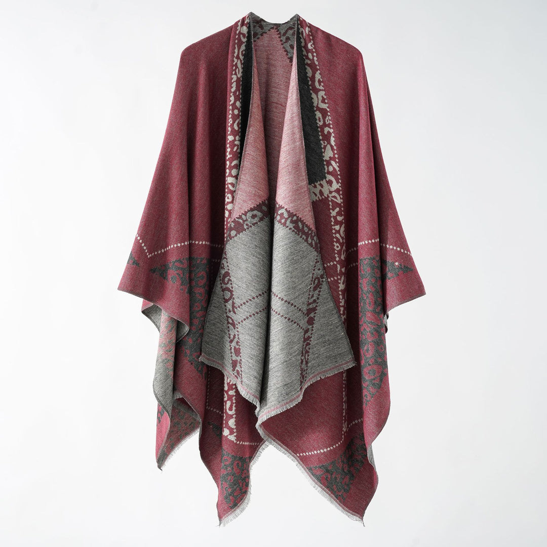 Women's Large Double-Face Jacquard Cape with Animal Patch and Fine Fringe Hem Mune Fashion