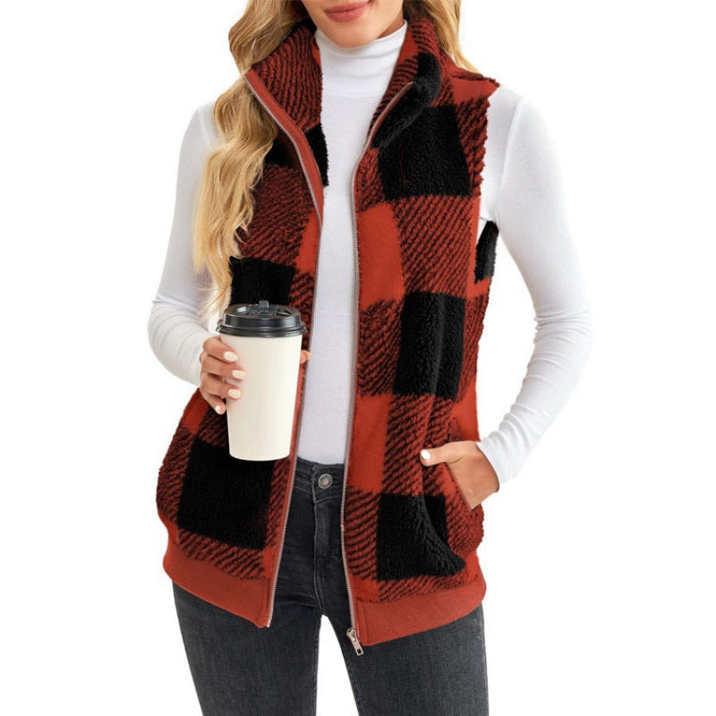 Ladies Checked Teddy Vest with Stand-Up Collar, Zipper and Side Pockets Mune Fashion