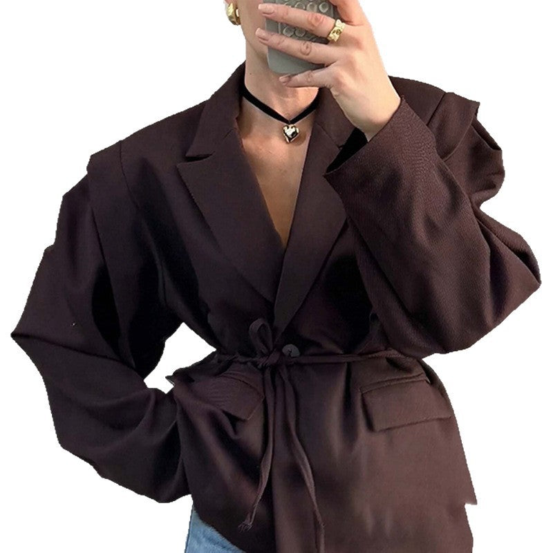 Women fitted floral blazer with belt and lapel collar Mune Fashion