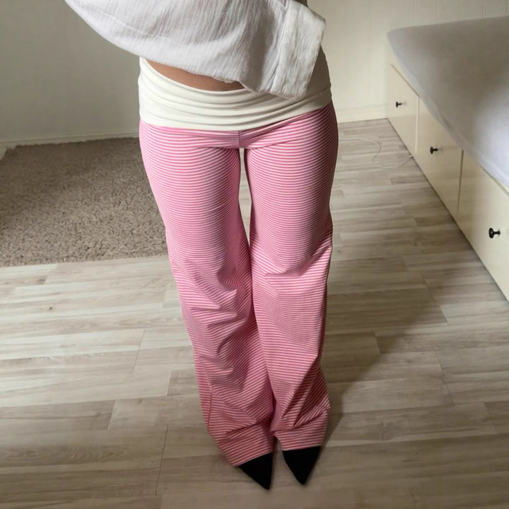 Women's lounge pants with high foldover waistband, wide leg, and fine stripe pattern Mune Fashion