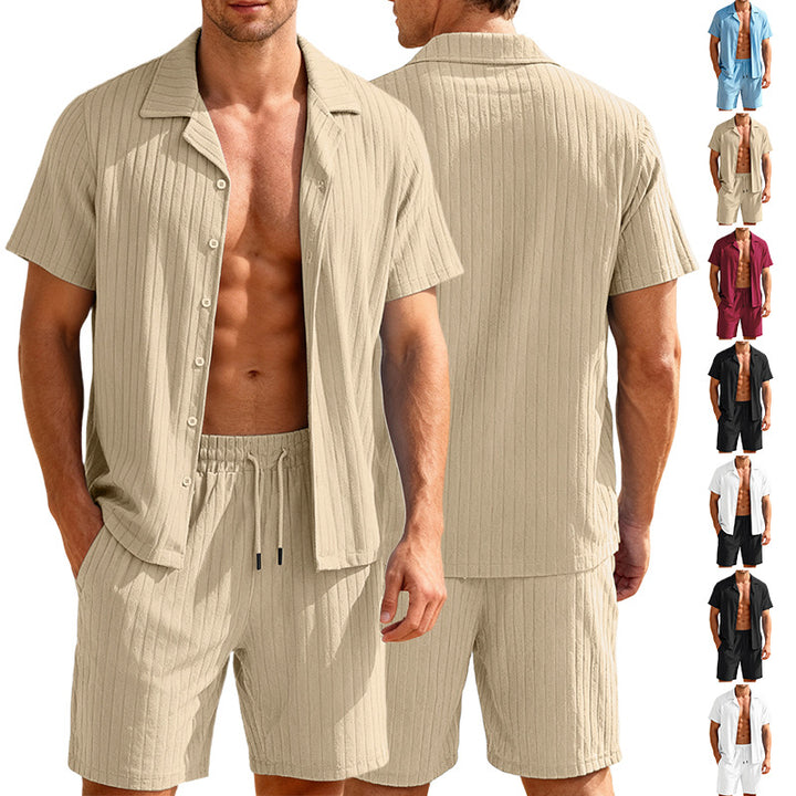 Men's ribbed fine knit lounge set with short sleeve lapel shirt and drawstring shorts Mune Fashion