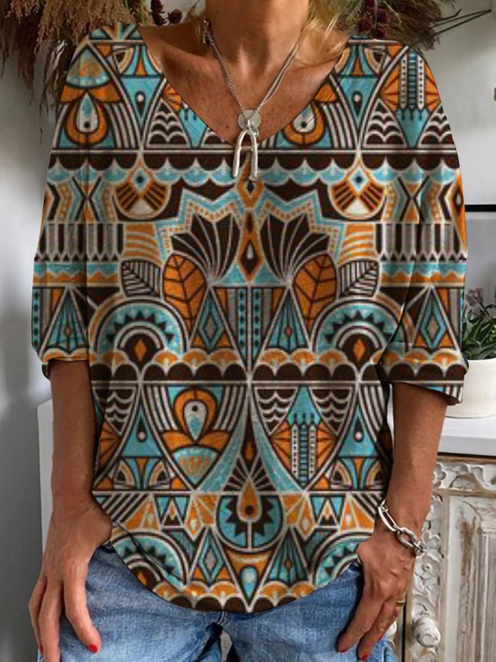Women's Geometric Boho Tunic with V-Neck and Three-Quarter Sleeves Mune Fashion