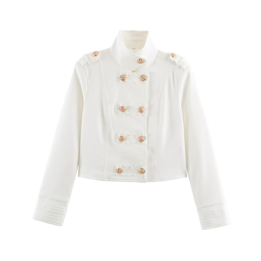 Ladies Short Cut Military Inspired Jacket with Stand-Up Collar and Decorative Button Placket Mune Fashion