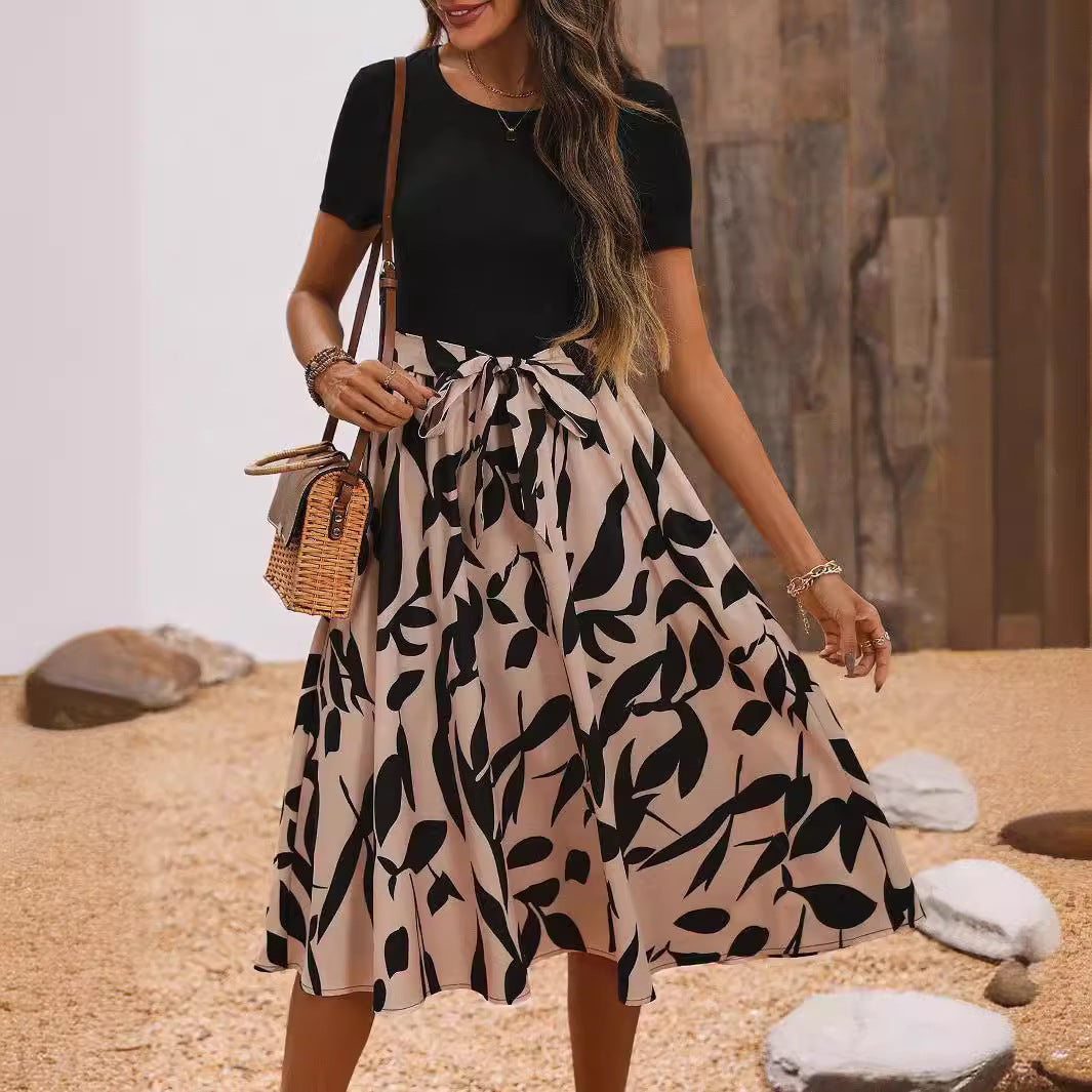 Ladies' fitted midi dress with contrast top, tied waist belt, and flowing A-line skirt Mune Fashion