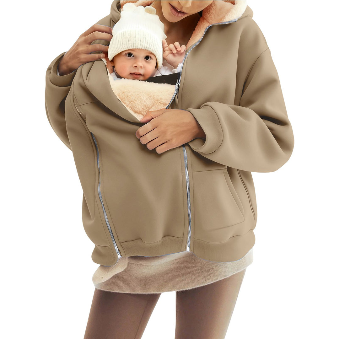 Women nan baby carrier hoodie with teddy lining and two-way zipper Mune Fashion
