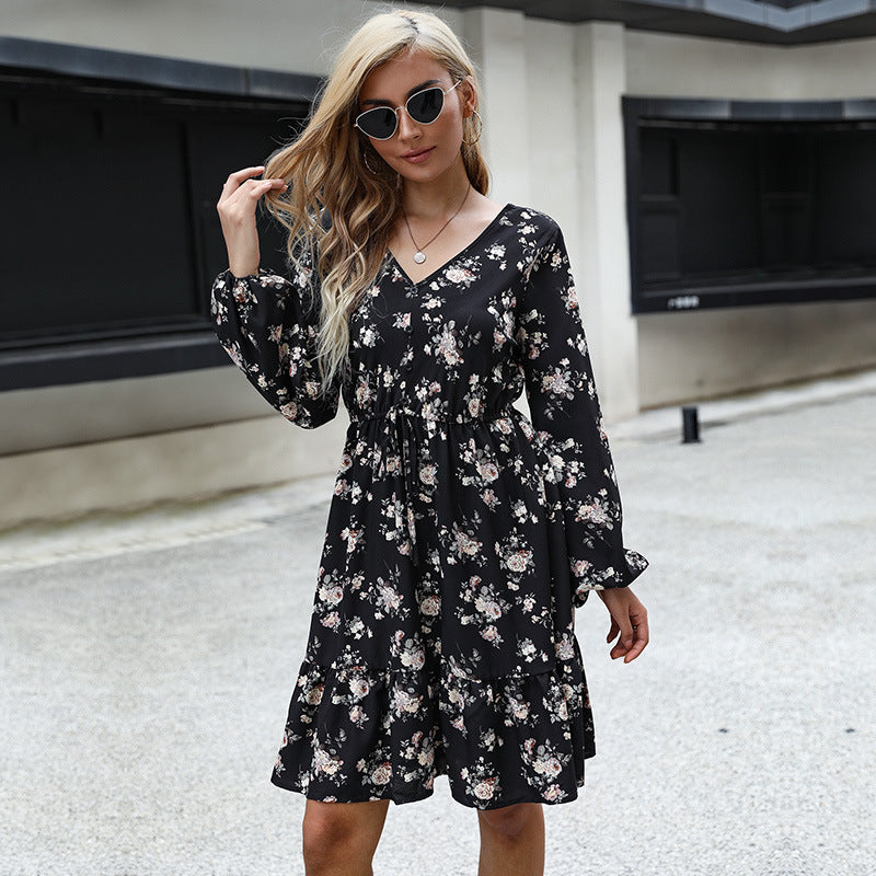 Women's Casual Tiered Midi Dress with V-Neck, Drawstring Waist and Long Ruffled Sleeves Mune Fashion