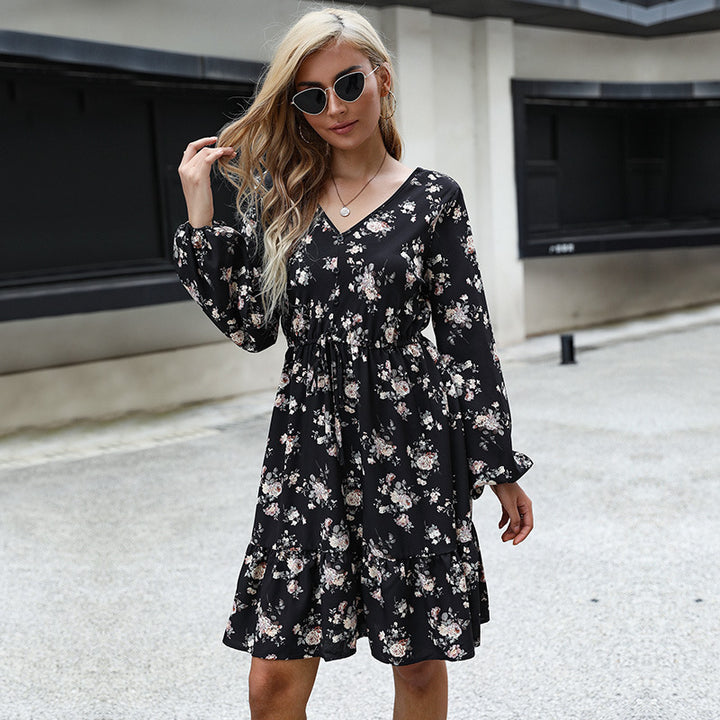 Women's Casual Tiered Midi Dress with V-Neck, Drawstring Waist and Long Ruffled Sleeves Mune Fashion