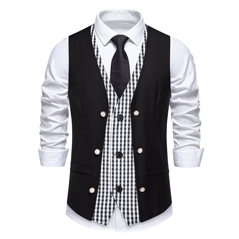 Men's elegant double-breasted suit vest with contrasting Vichy inner part Mune Fashion