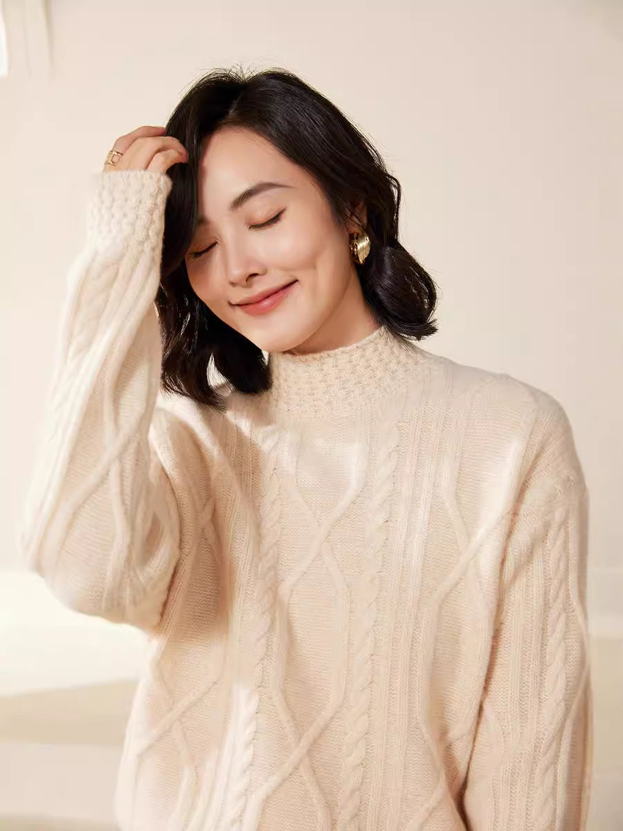 Women's cable knit mock neck sweater with short boxy silhouette Mune Fashion