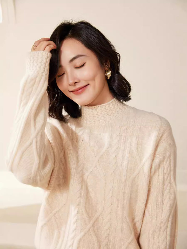 Women's cable knit mock neck sweater with short boxy silhouette Mune Fashion